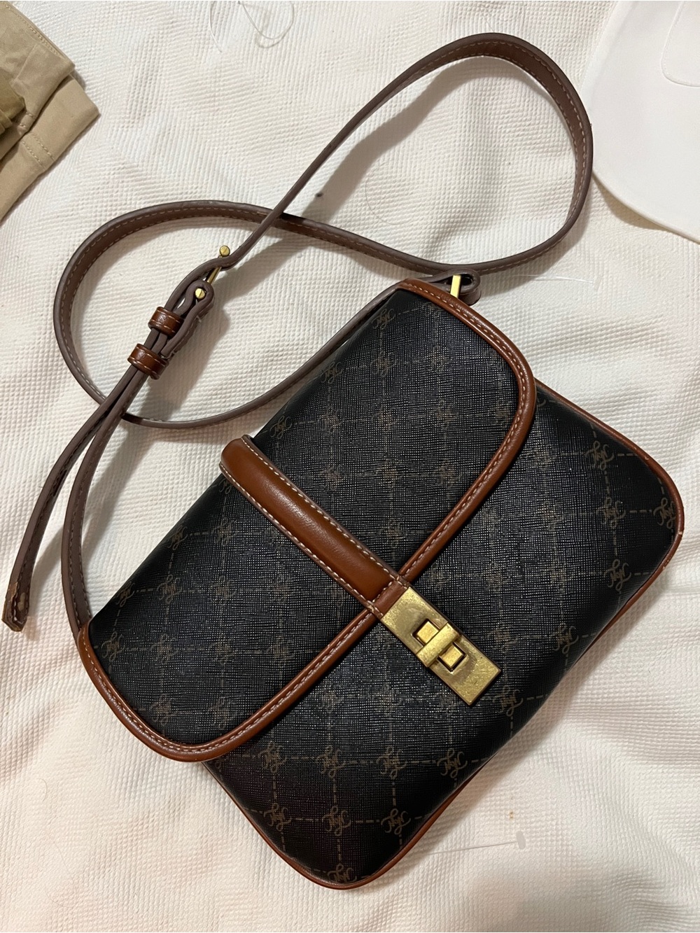 Mango Black Crossbody Bag with Brown Trim and Gold Hardware